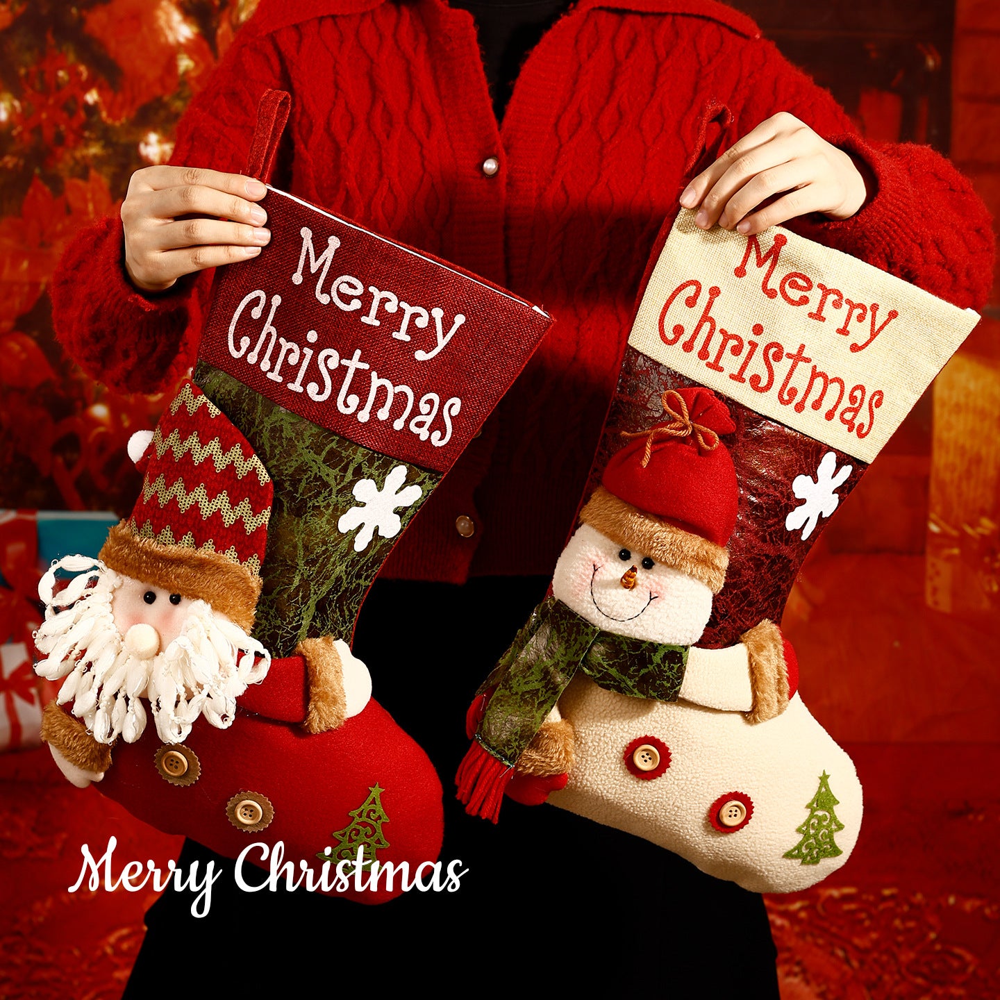 TeakVita Voice Blessing Large Christmas Candy Bag, Santa Snowman Stocking Gift -