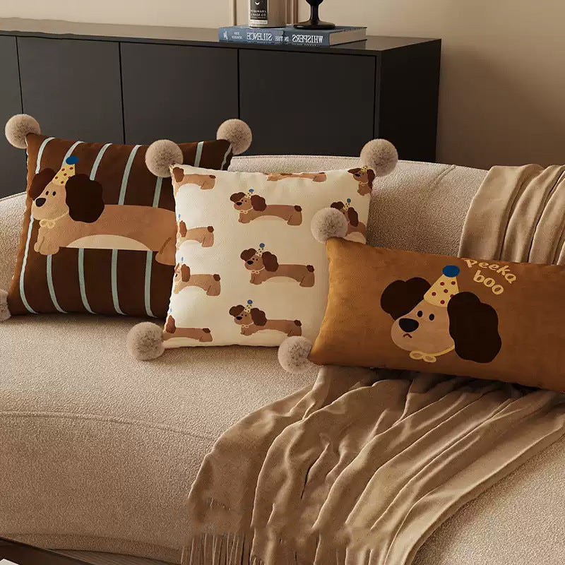 Cute Melard Dachshund Square Throw Pillow with Removable Pom-Pom Cover – Cozy Sofa Decor Accent