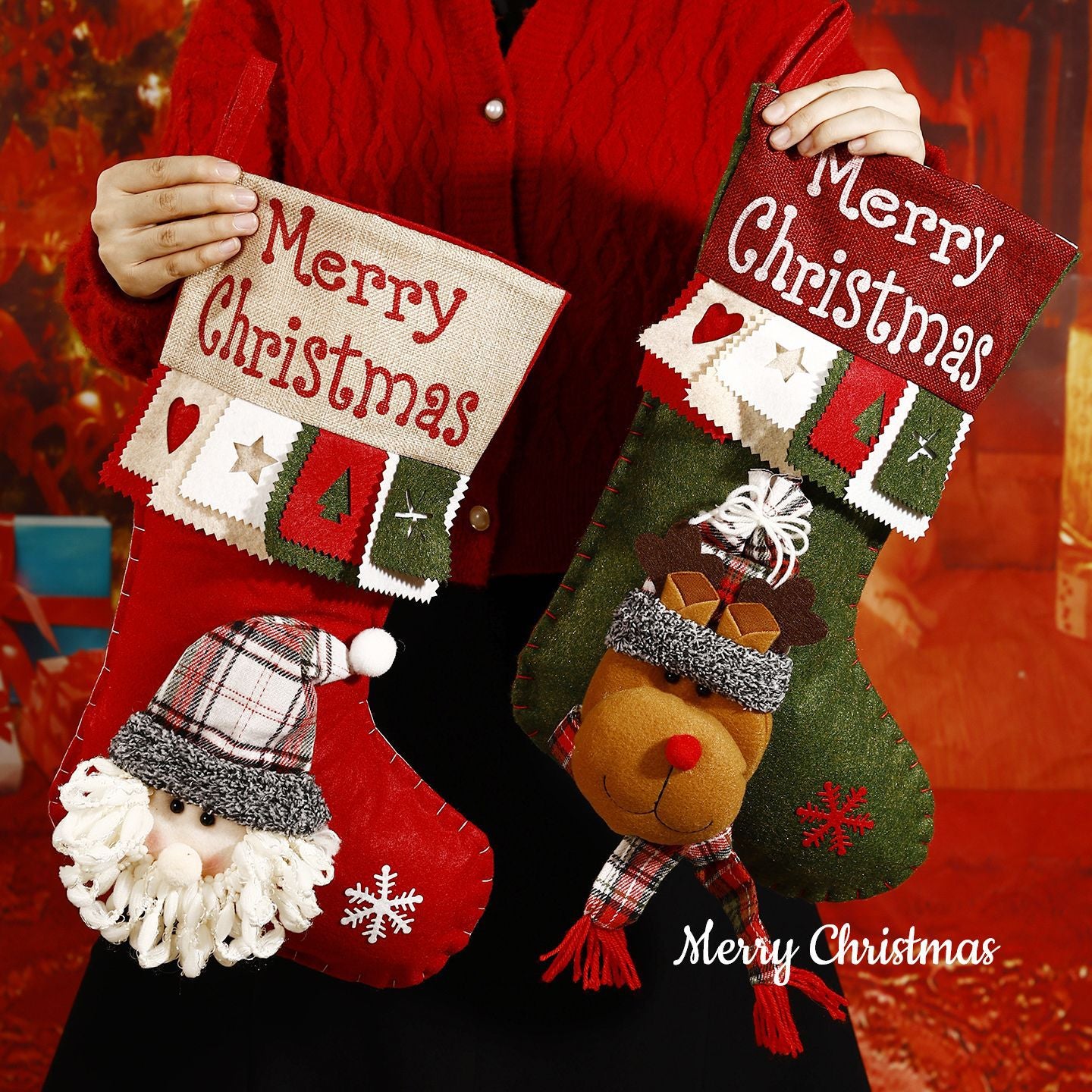 TeakVita Voice Blessing Large Christmas Candy Bag, Santa Snowman Stocking Gift -