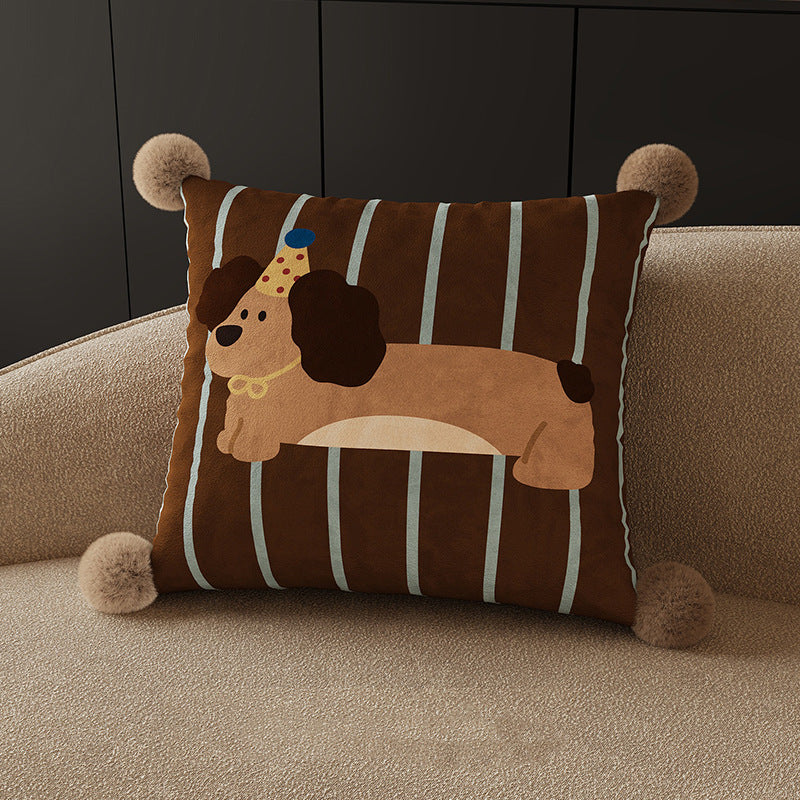 Cute Melard Dachshund Square Throw Pillow with Removable Pom-Pom Cover – Cozy Sofa Decor Accent
