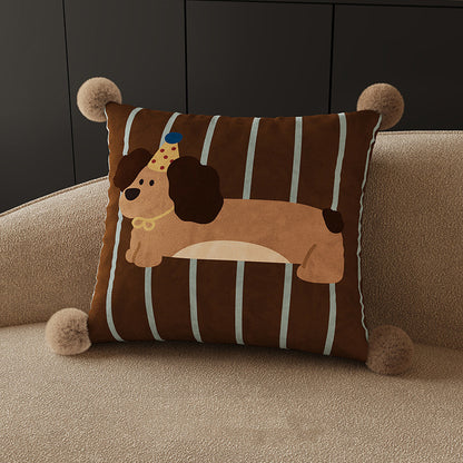 Cute Melard Dachshund Square Throw Pillow with Removable Pom-Pom Cover – Cozy Sofa Decor Accent