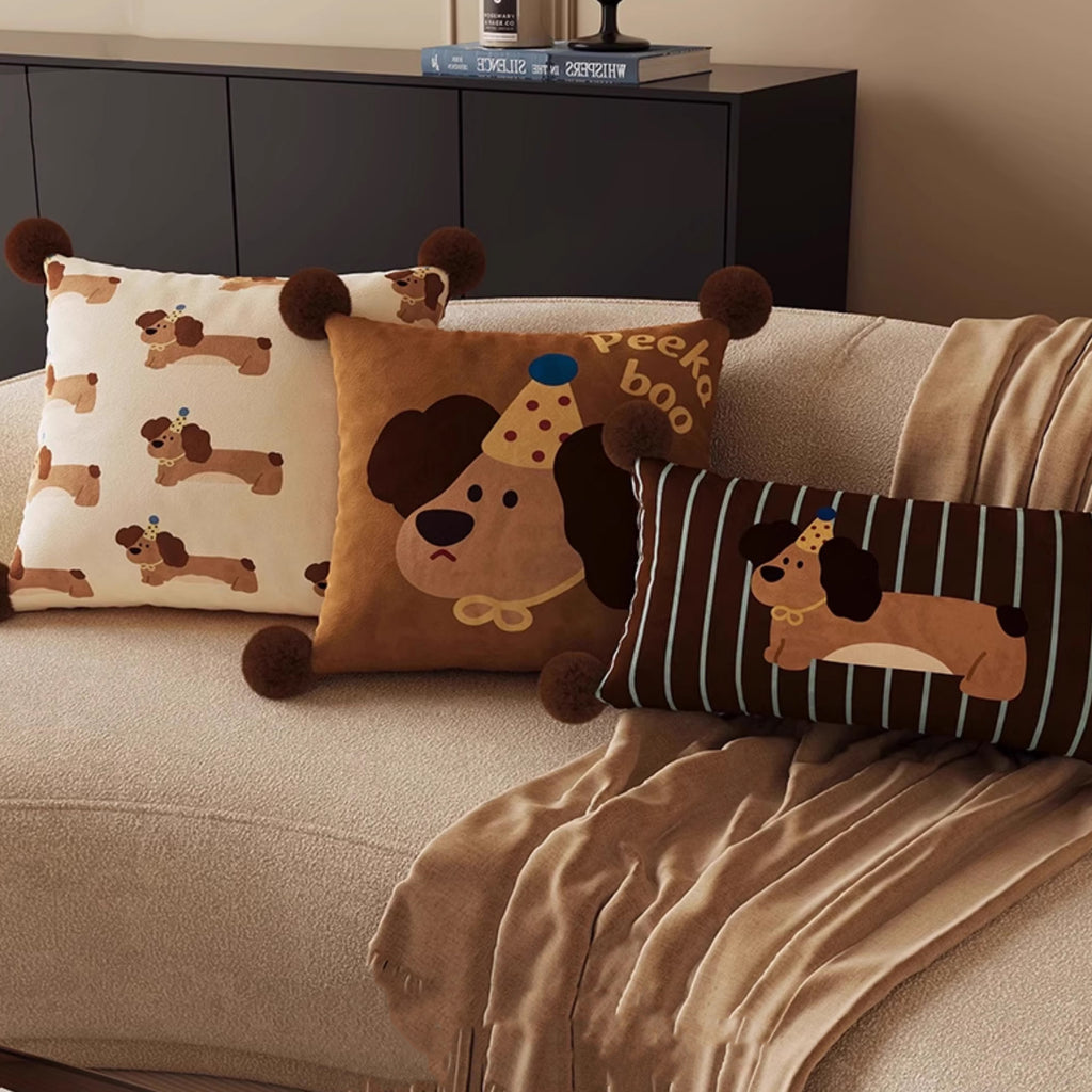 Cute Melard Dachshund Square Throw Pillow with Removable Pom-Pom Cover – Cozy Sofa Decor Accent